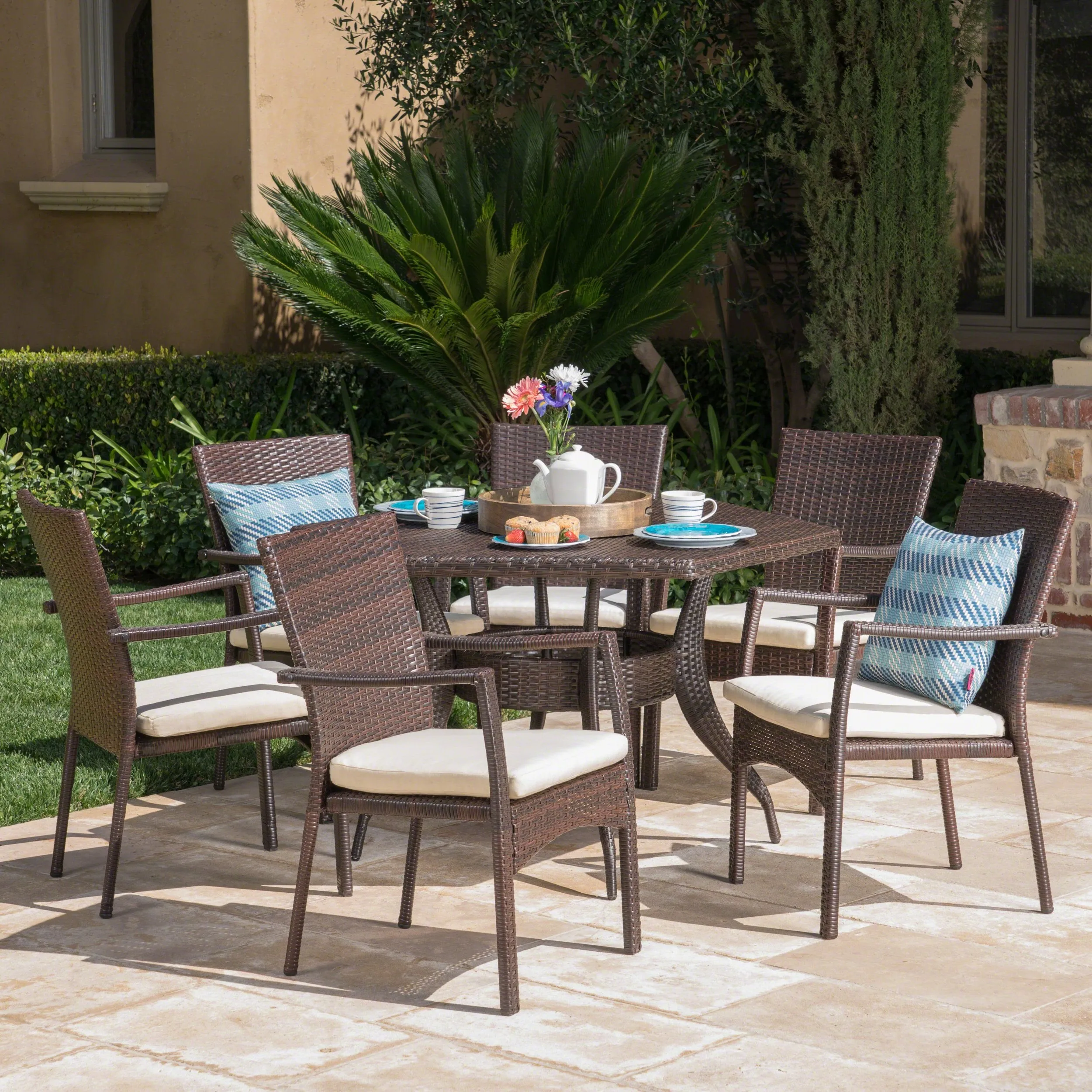 Outdoor 7 Piece Wicker Hexagon Dining Set with Brown Wicker Chairs - NH481403 patio chairs, outdoor seating