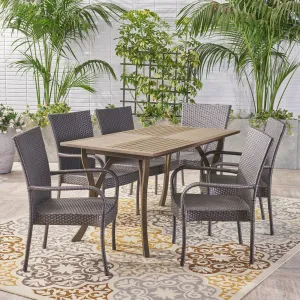 Outdoor 7 Piece Wood and Wicker Dining Set, Gray and Gray - NH721503 patio chairs, outdoor seating
