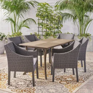 Outdoor 7 Piece Wood and Wicker Dining Set, Gray and Gray - NH921503 patio chairs, outdoor seating