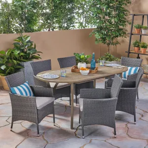 Outdoor 7 Piece Wood and Wicker Dining Set, Gray Finish and Gray - NH072503 patio chairs, outdoor seating