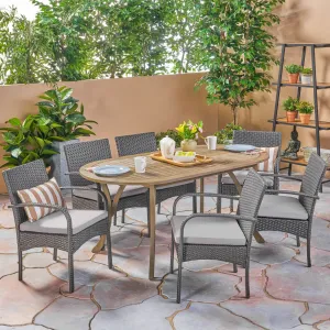 Outdoor 7 Piece Wood and Wicker Dining Set, Gray Finish and Gray - NH272503 patio chairs, outdoor seating
