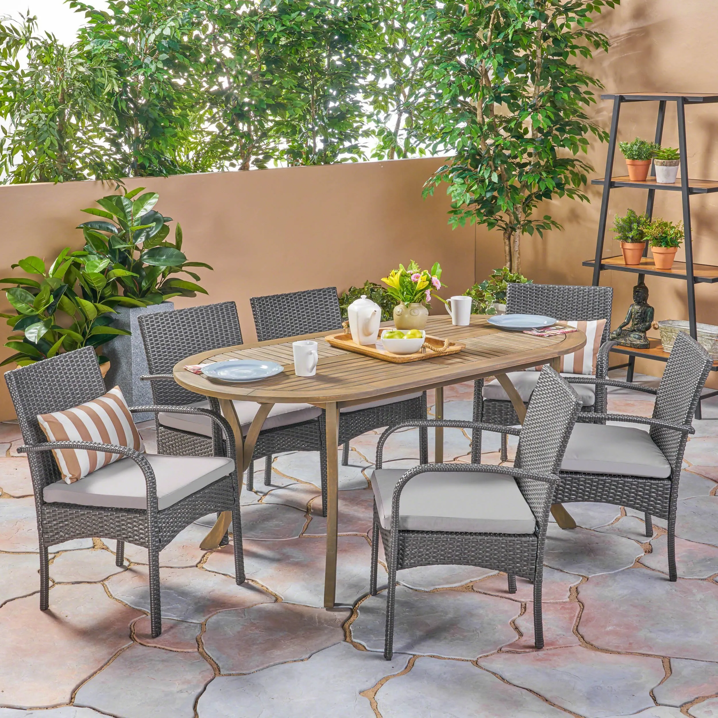Outdoor 7 Piece Wood and Wicker Dining Set, Gray Finish and Gray - NH272503 patio chairs, outdoor seating