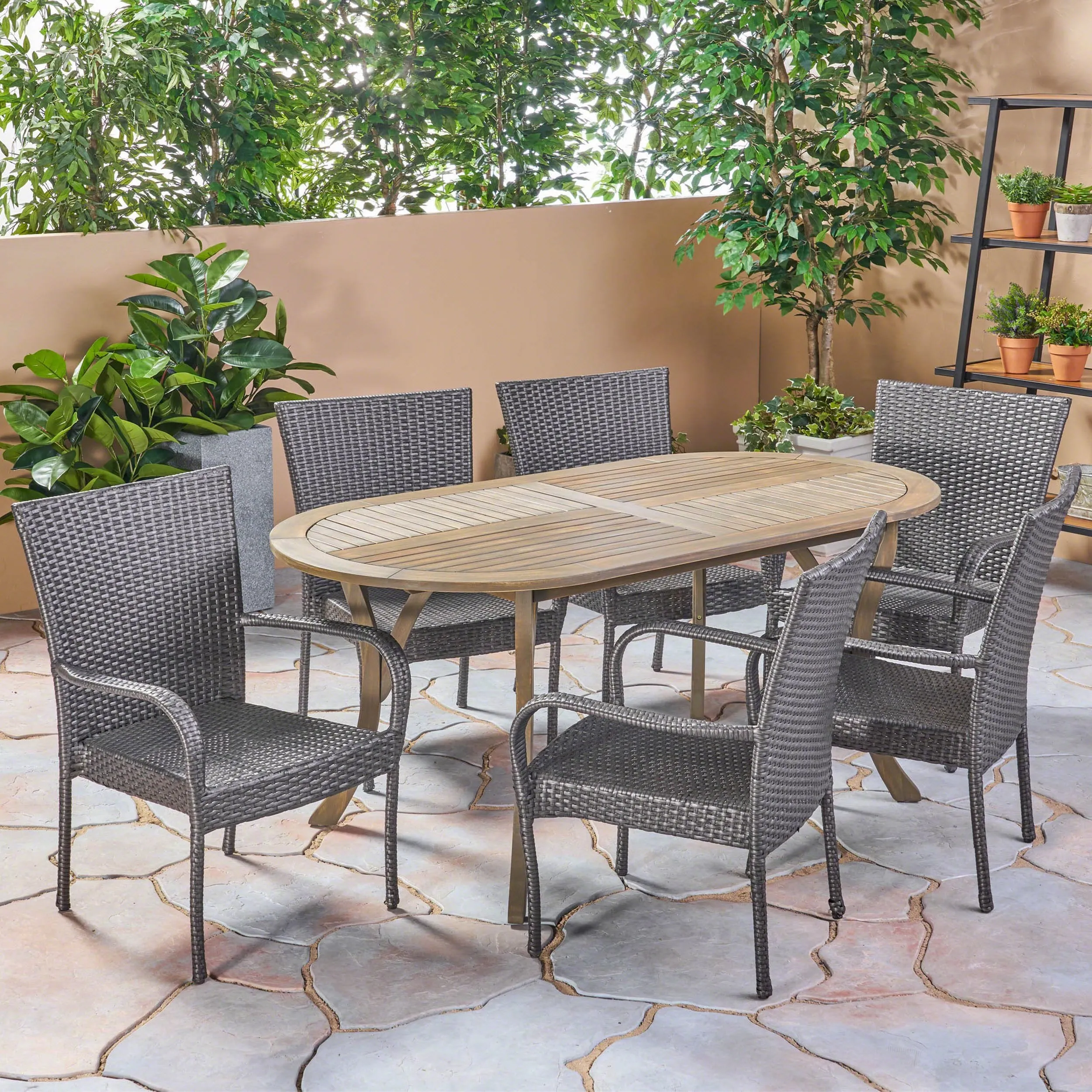 Outdoor 7 Piece Wood and Wicker Dining Set, Gray Finish and Gray - NH862503 patio chairs, outdoor seating