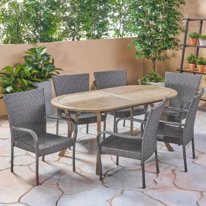 Outdoor 7 Piece Wood and Wicker Dining Set, Gray Finish and Gray - NH862503 patio chairs, outdoor seating