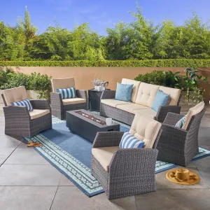 Outdoor 7 Seater Wicker Chat Set with an Iron Fire Pit, Gray and Dark Gray - NH781503 patio chairs, outdoor seating