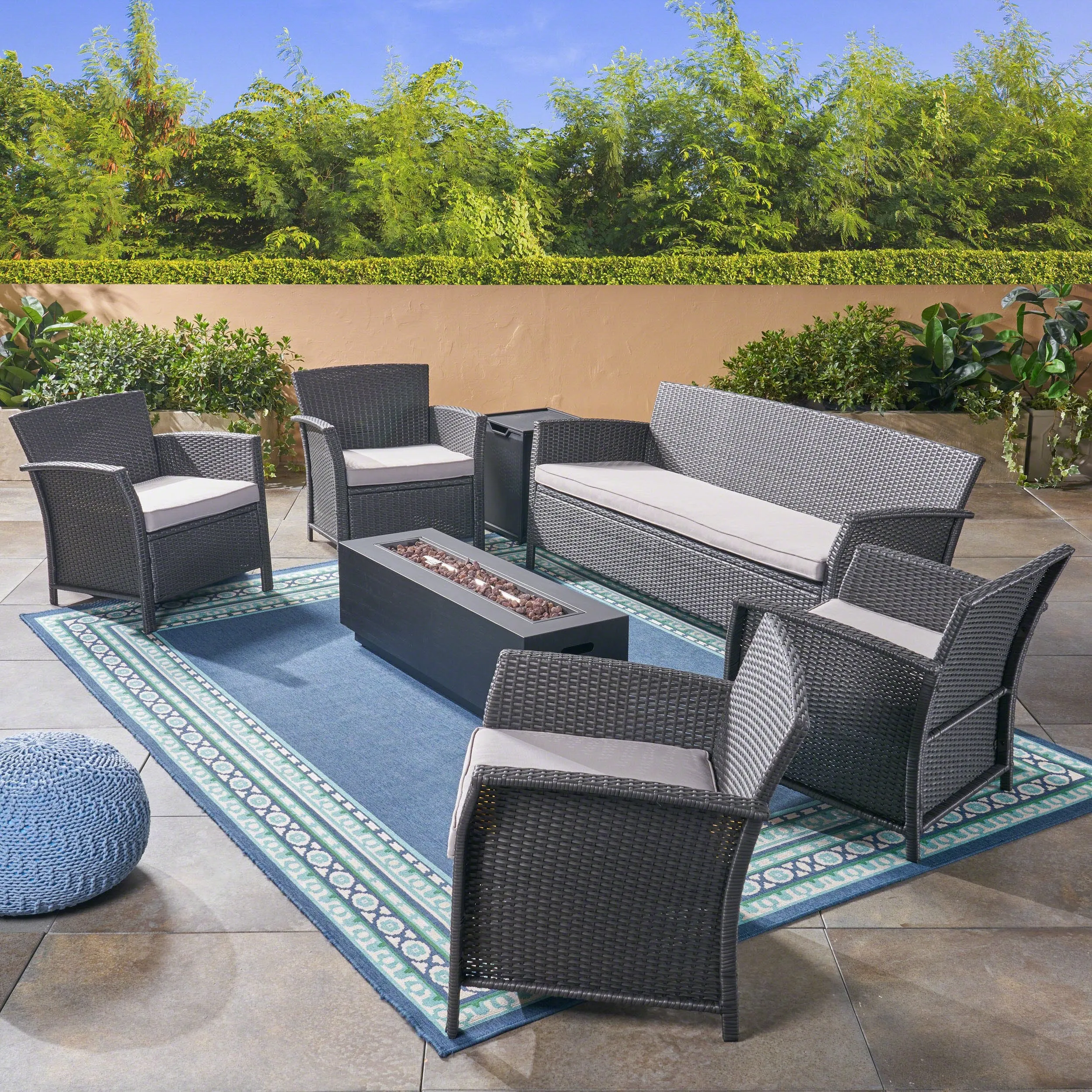 Outdoor 7 Seater Wicker Chat Set with Fire Pit, Gray and Silver and Dark Gray - NH924503 patio chairs, outdoor seating