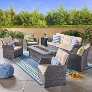Outdoor 7 Seater Wicker Chat Set with Wood Finished Fire Pit, Gray and Gray - NH581503 patio chairs, outdoor seating