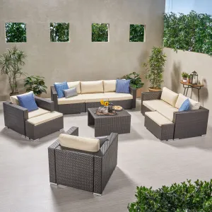 Outdoor 7 Seater Wicker Extended Sofa Chat Set with Ottomans - NH979903 patio chairs, outdoor seating