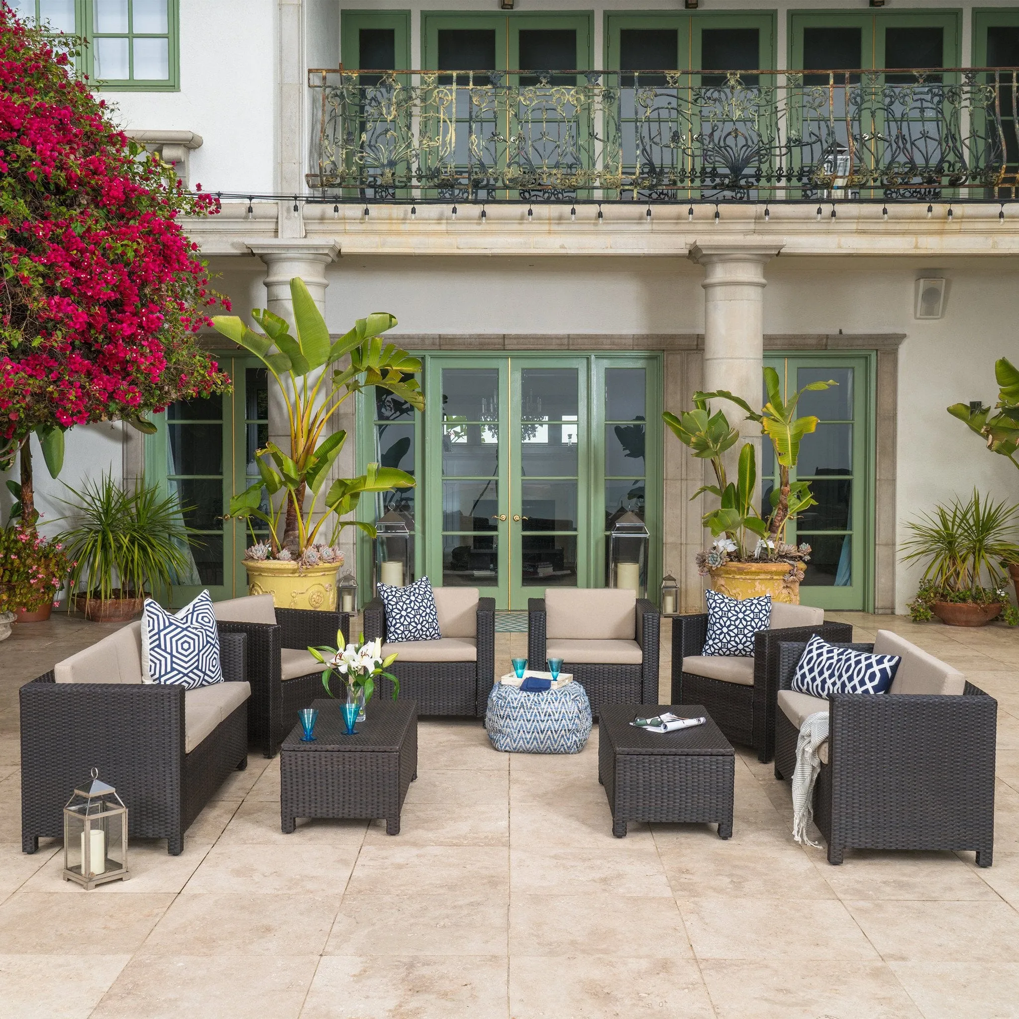 Outdoor 8 Pc Wicker Chat Set w/ Water Resistant Cushions - NH064003 patio chairs, outdoor seating