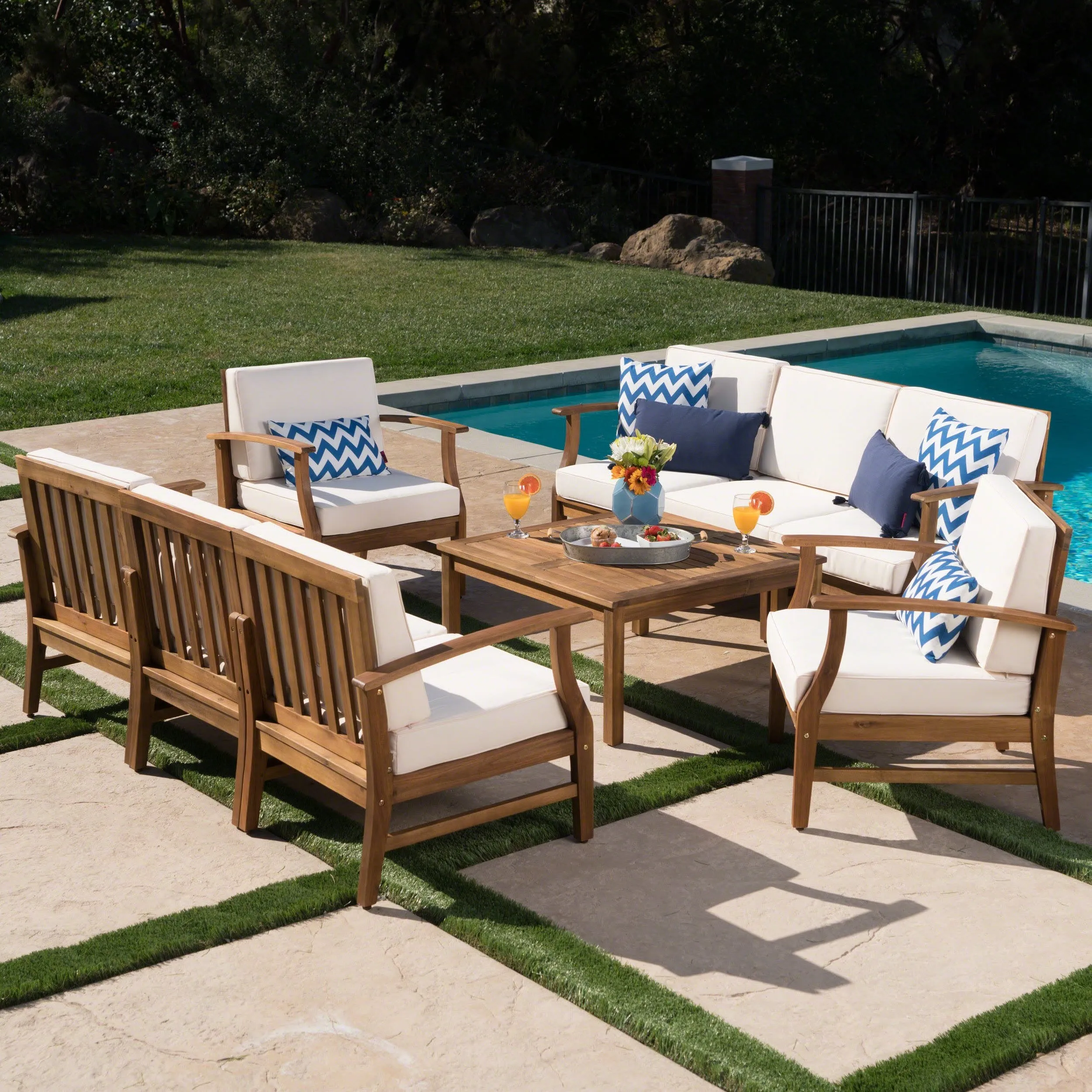 Outdoor 8 Seat Teak Finished Acacia Wood Sofa and Table Set - NH627303 patio chairs, outdoor seating
