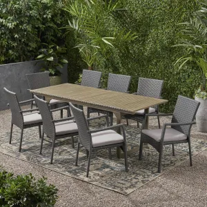 Outdoor 8 Seater Expandable Wood and Wicker Dining Set, Gray - NH586903 patio chairs, outdoor seating
