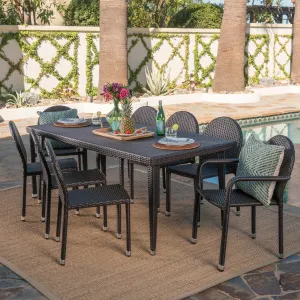 Outdoor 9 Piece Multi-brown Wicker Dining Set with Stacking Chairs - NH842103 patio chairs, outdoor seating