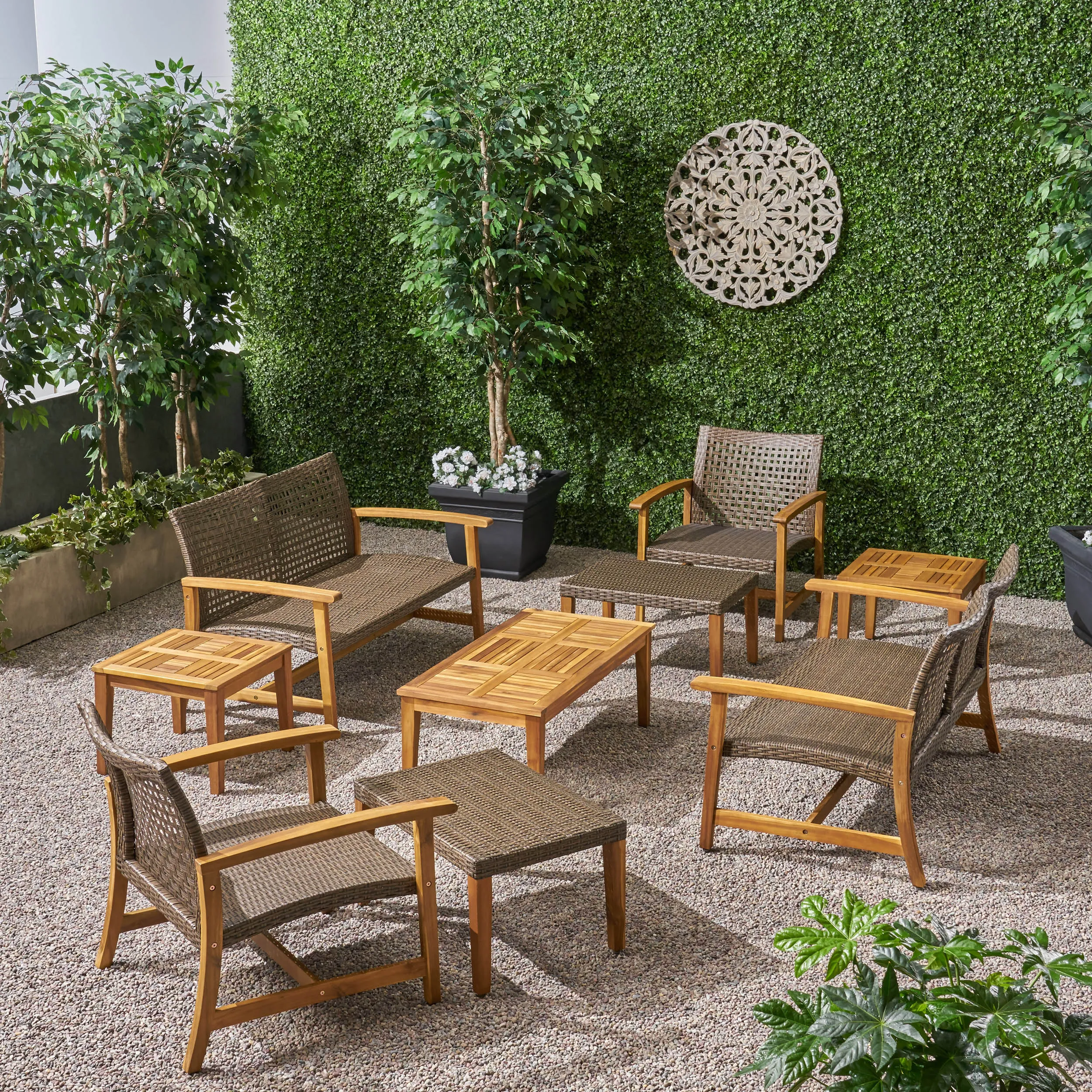 Outdoor 9 Piece Wood and Wicker Chat Set - NH671803 patio chairs, outdoor seating
