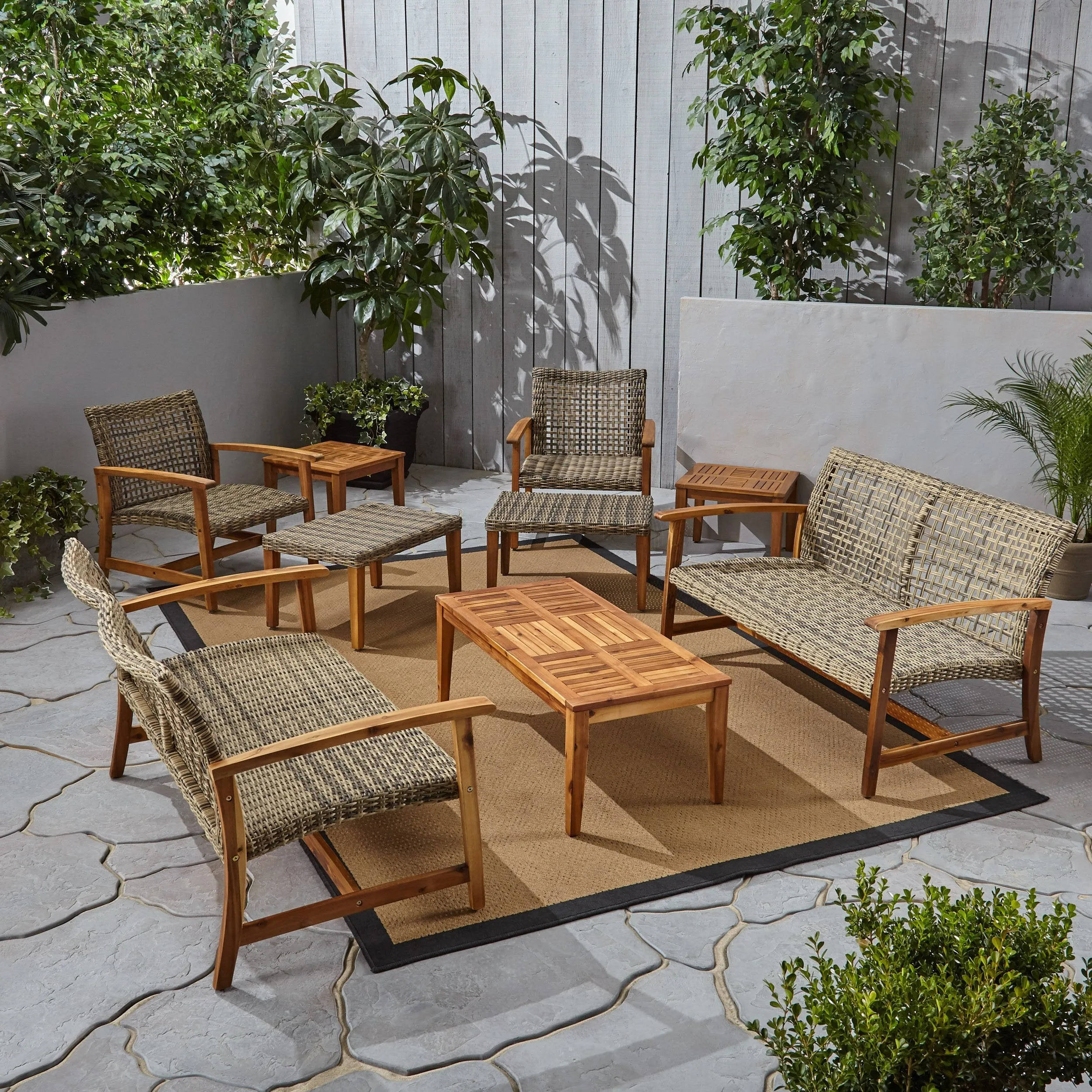 Outdoor 9 Piece Wood and Wicker Chat Set - NH671803