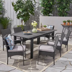 Outdoor 9 Piece Wood and Wicker Expandable Dining Set - NH264503 patio chairs, outdoor seating