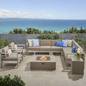 Outdoor 9 Seater Aluminum L-Shaped Sofa Sectional and Fire Pit Set - NH078903 patio chairs, outdoor seating