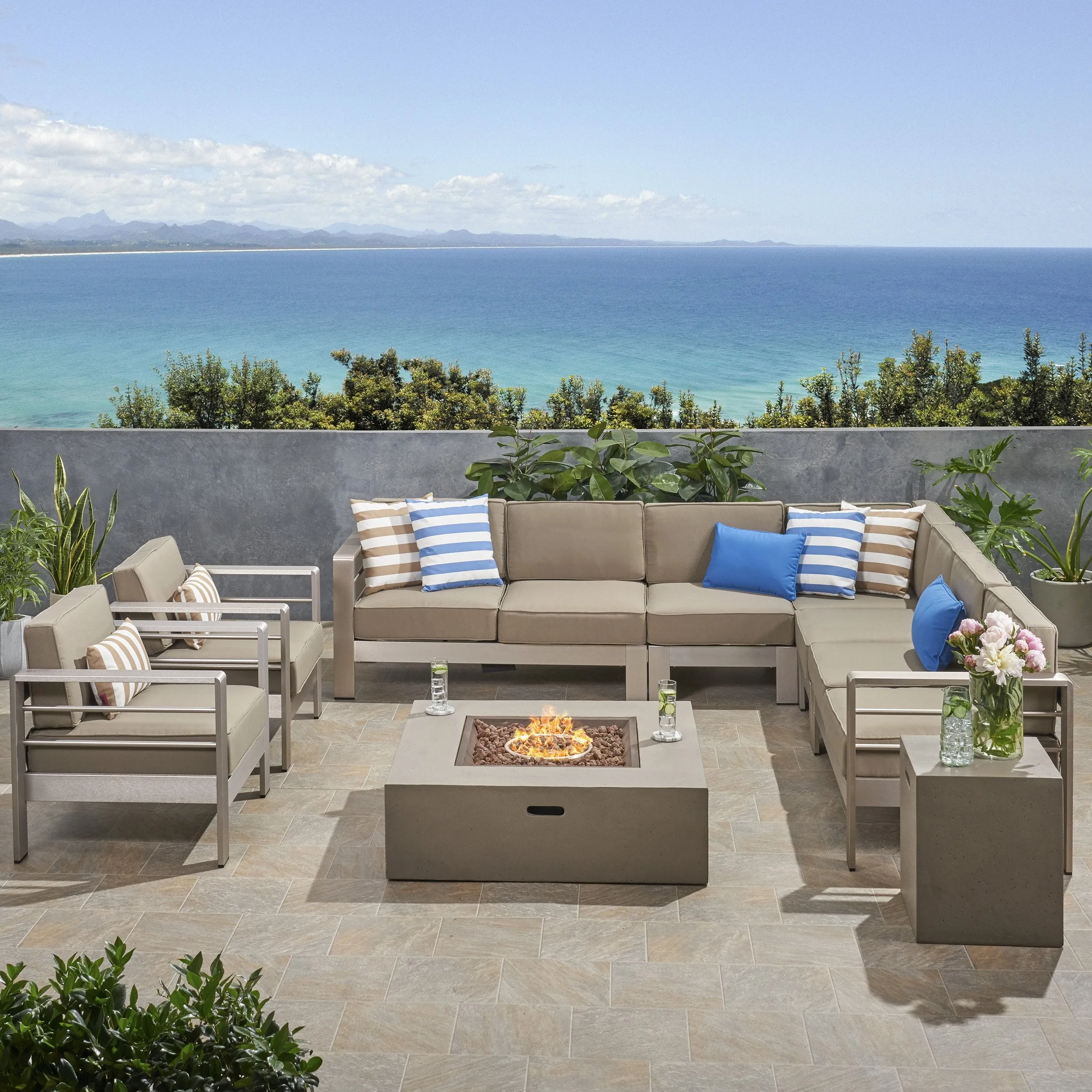 Outdoor 9 Seater Aluminum L-Shaped Sofa Sectional and Fire Pit Set - NH078903 patio chairs, outdoor seating