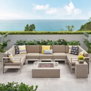 Outdoor 9 Seater Aluminum U-Shaped Sofa Sectional and Fire Pit Set - NH368903 patio chairs, outdoor seating