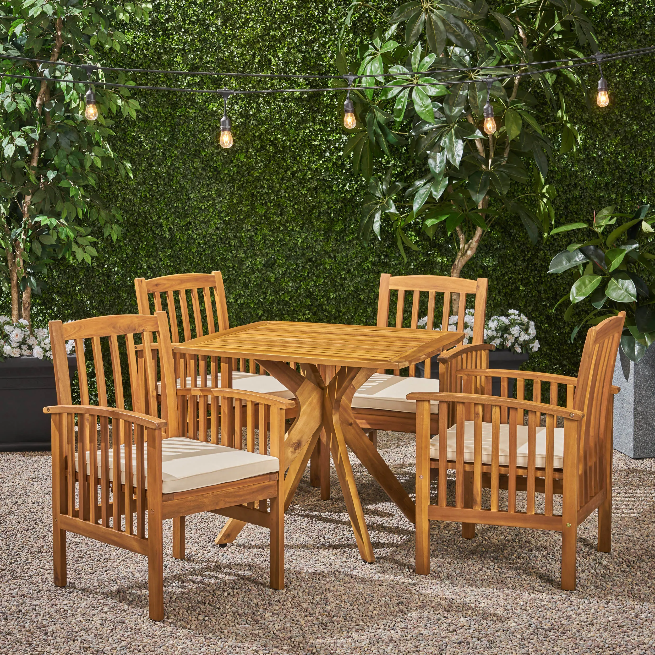 Outdoor Acacia 4-Seater Dining Set with Cushions and 36" Square Table with X-Legs - NH712703 patio chairs, outdoor seating