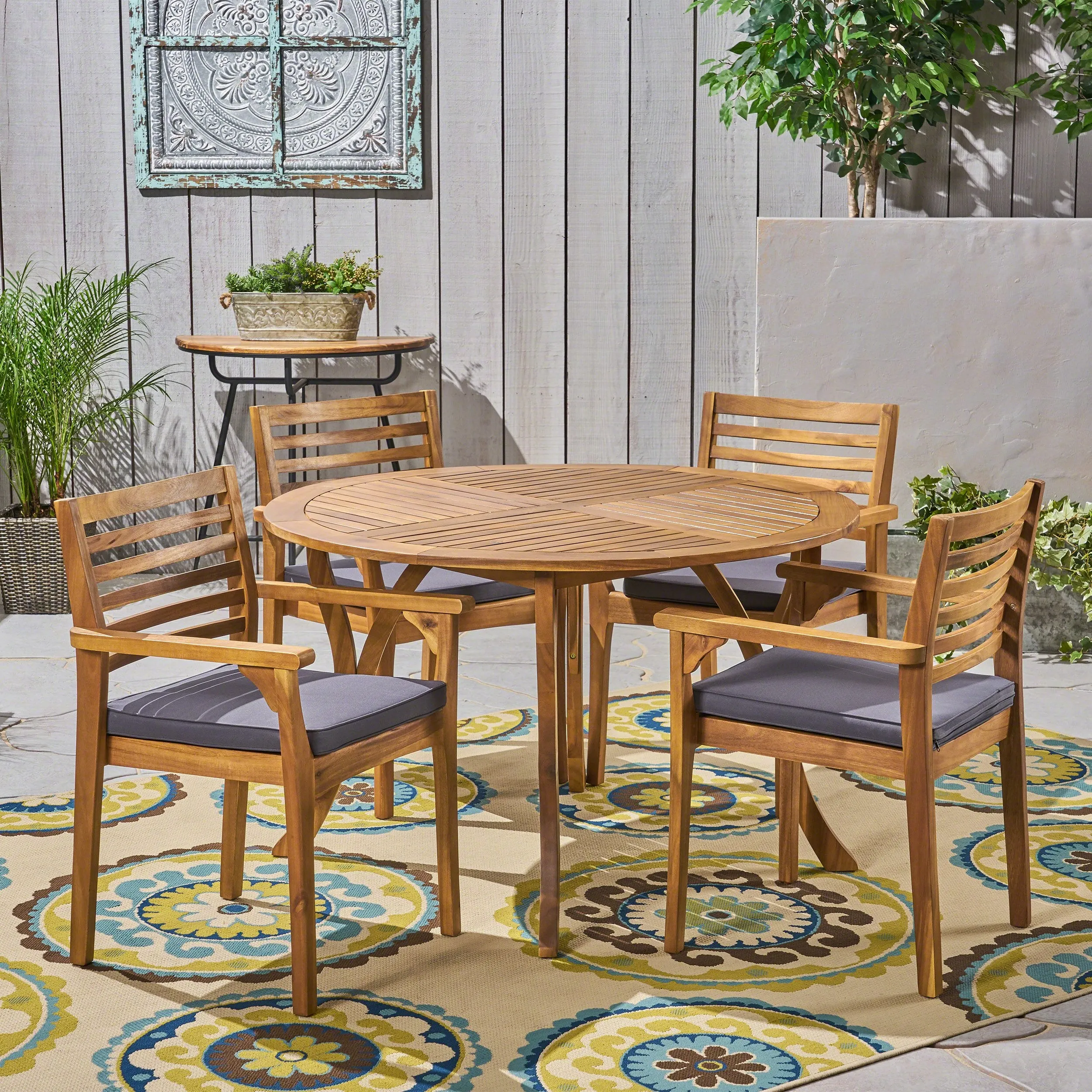 Outdoor Acacia 4-Seater Dining Set with Cushions and 47" Round Table with Carved Legs - NH242703 patio chairs, outdoor seating