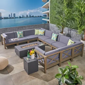 Outdoor Acacia Wood 10 Pieces U-Shaped Sectional Sofa Set with Fire Pit - NH277603 patio chairs, outdoor seating