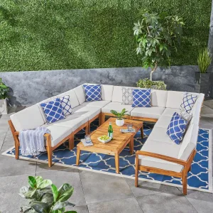 Outdoor Acacia Wood 10 Seater Sectional Sofa Set with Two Coffee Tables - NH065603 patio chairs, outdoor seating