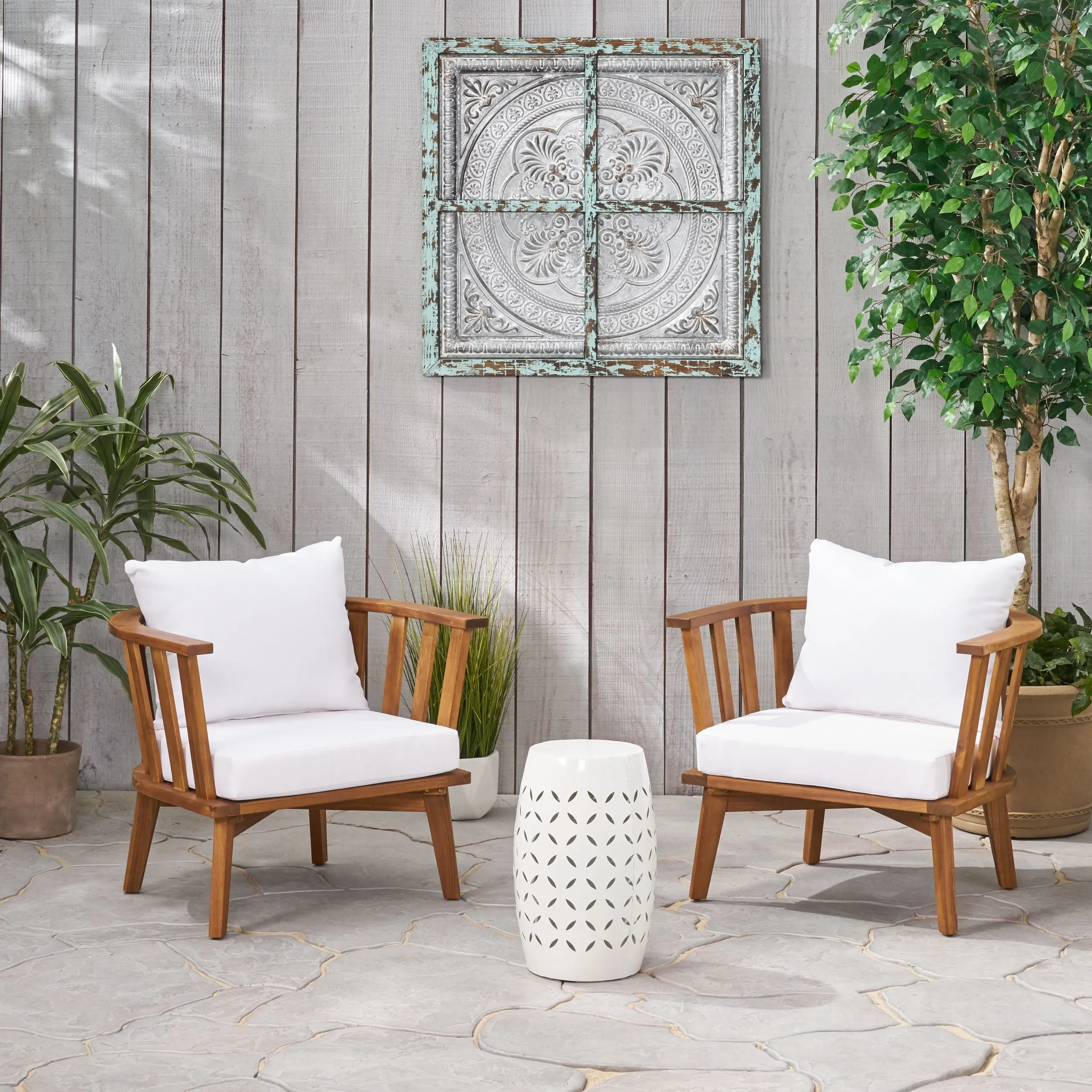 Outdoor Acacia Wood 2 Seater Club Chairs and Side Table Set - NH726903 patio chairs, outdoor seating