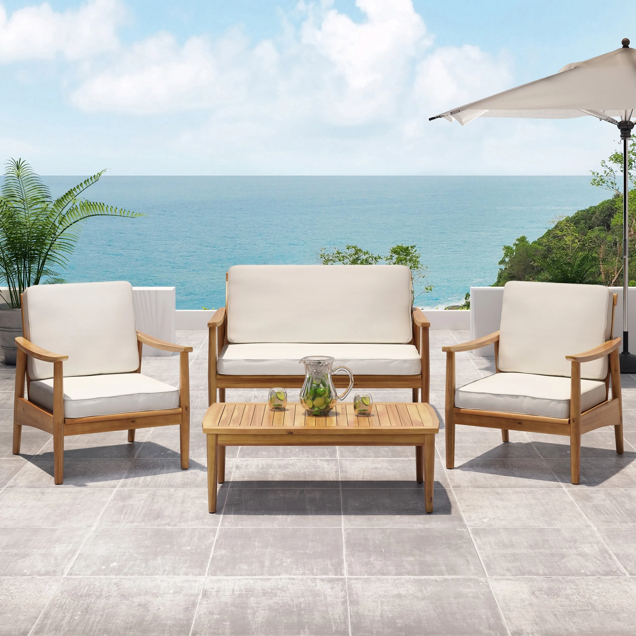 Outdoor Acacia Wood 4 Seater Chat Set with Coffee Table - NH546213 patio chairs, outdoor seating