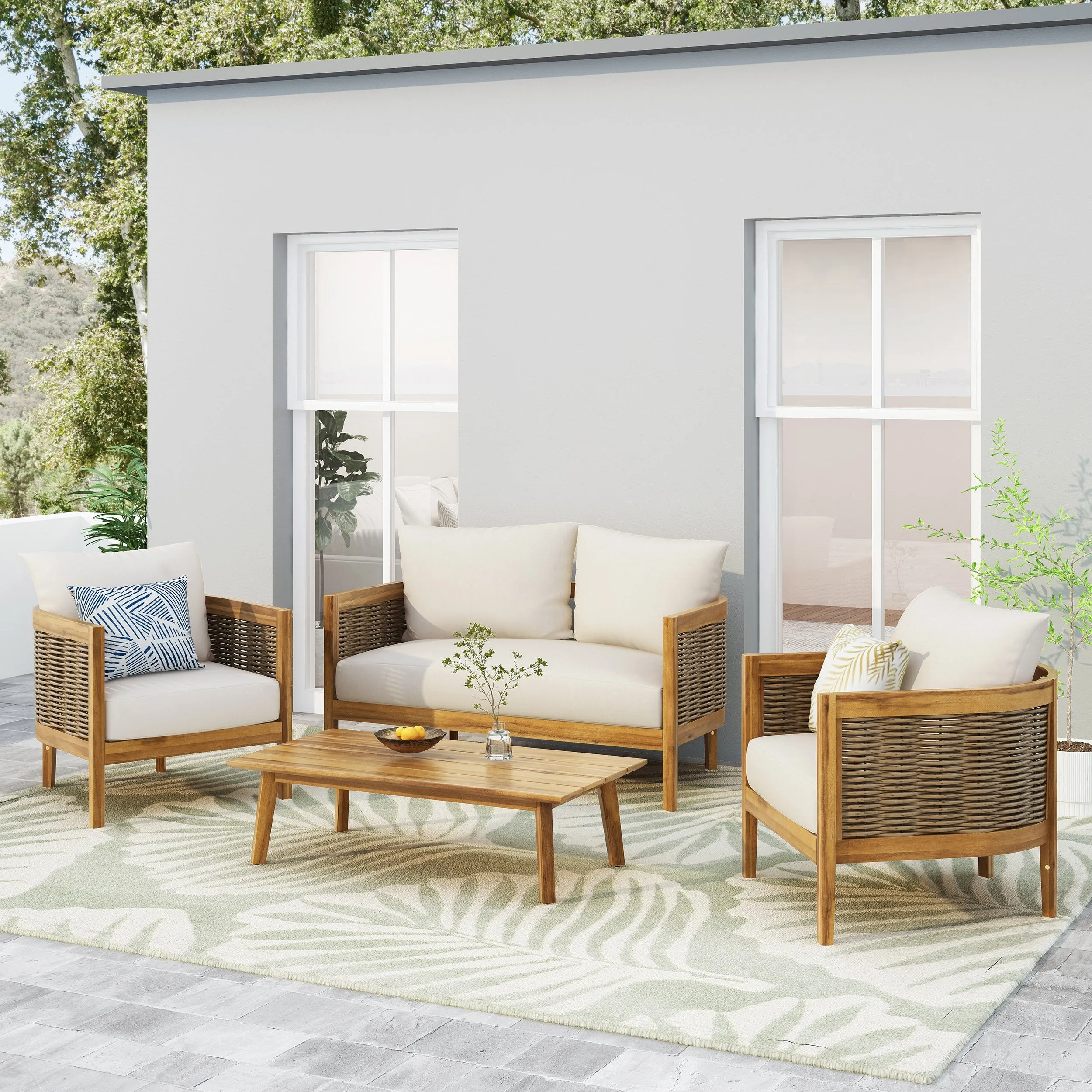 Outdoor Acacia Wood 4 Seater Chat Set with Cushions - NH279313