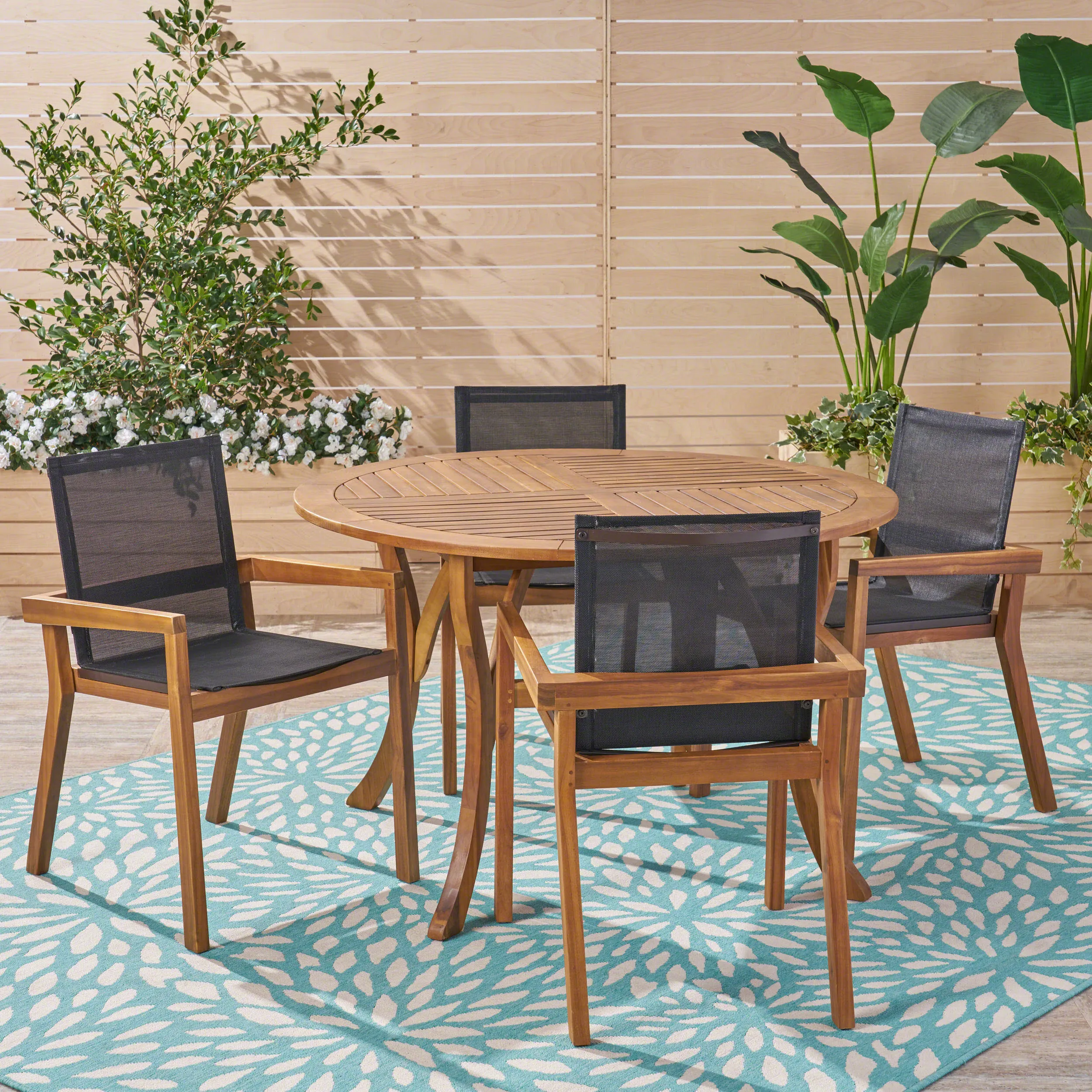 Outdoor Acacia Wood 5 Piece Round Dining Set with Mesh Seats - NH059603 patio chairs, outdoor seating
