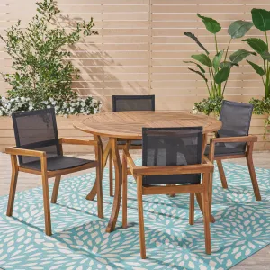 Outdoor Acacia Wood 5 Piece Round Dining Set with Mesh Seats - NH059603 patio chairs, outdoor seating