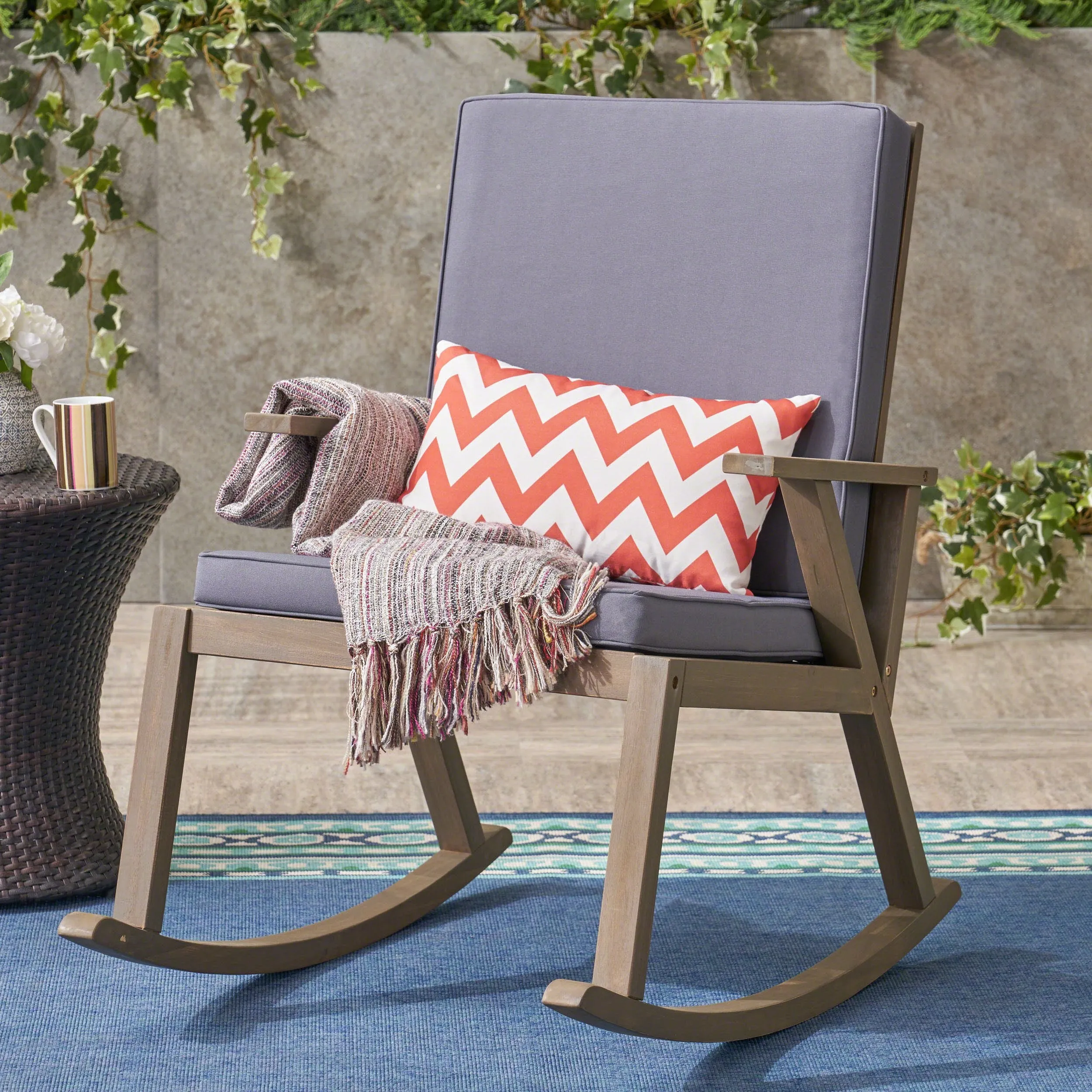 Outdoor Acacia Wood Rocking Chair with Water-Resistant Cushions - NH156403 patio chairs, outdoor seating