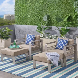 Outdoor Aluminum 2-Seater Club Chair Chat Set with Ottomans, Silver and Khaki - NH143603 patio chairs, outdoor seating