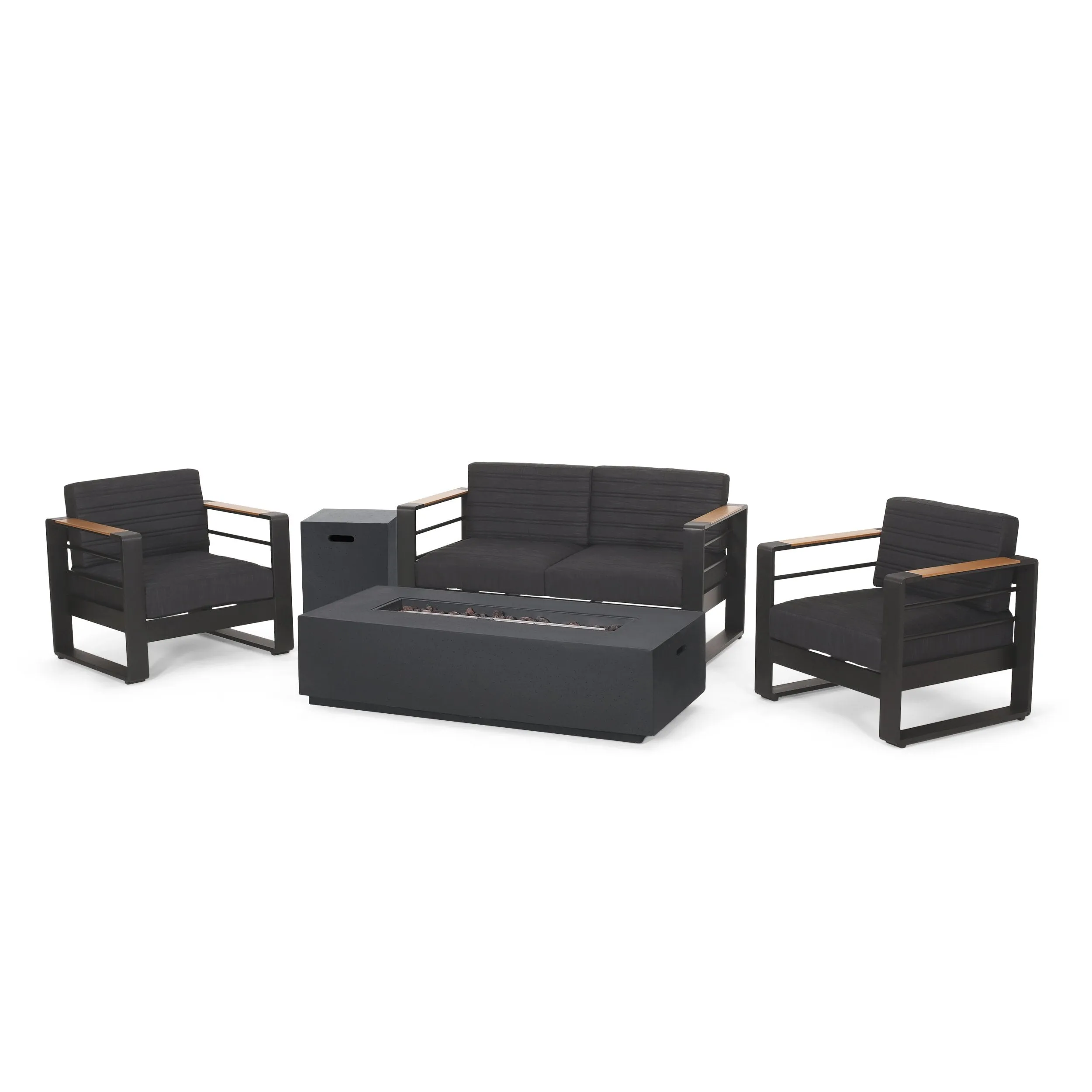 Outdoor Aluminum 4 Seater Chat Set with Fire Pit, Black, Natural, and Dark Gray - NH534413 patio chairs, outdoor seating