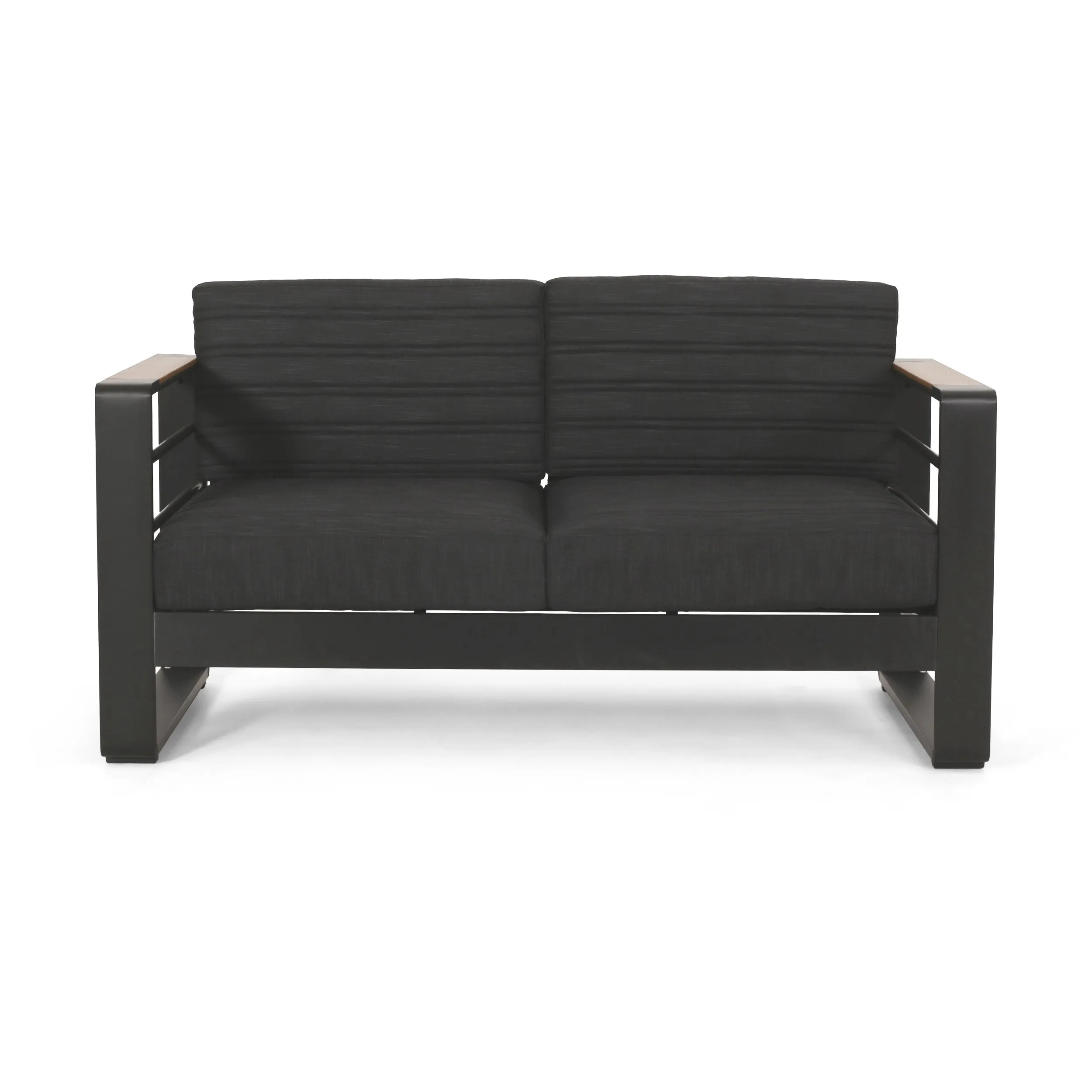 Outdoor Aluminum 4 Seater Chat Set with Fire Pit, Black, Natural, and Dark Gray - NH534413