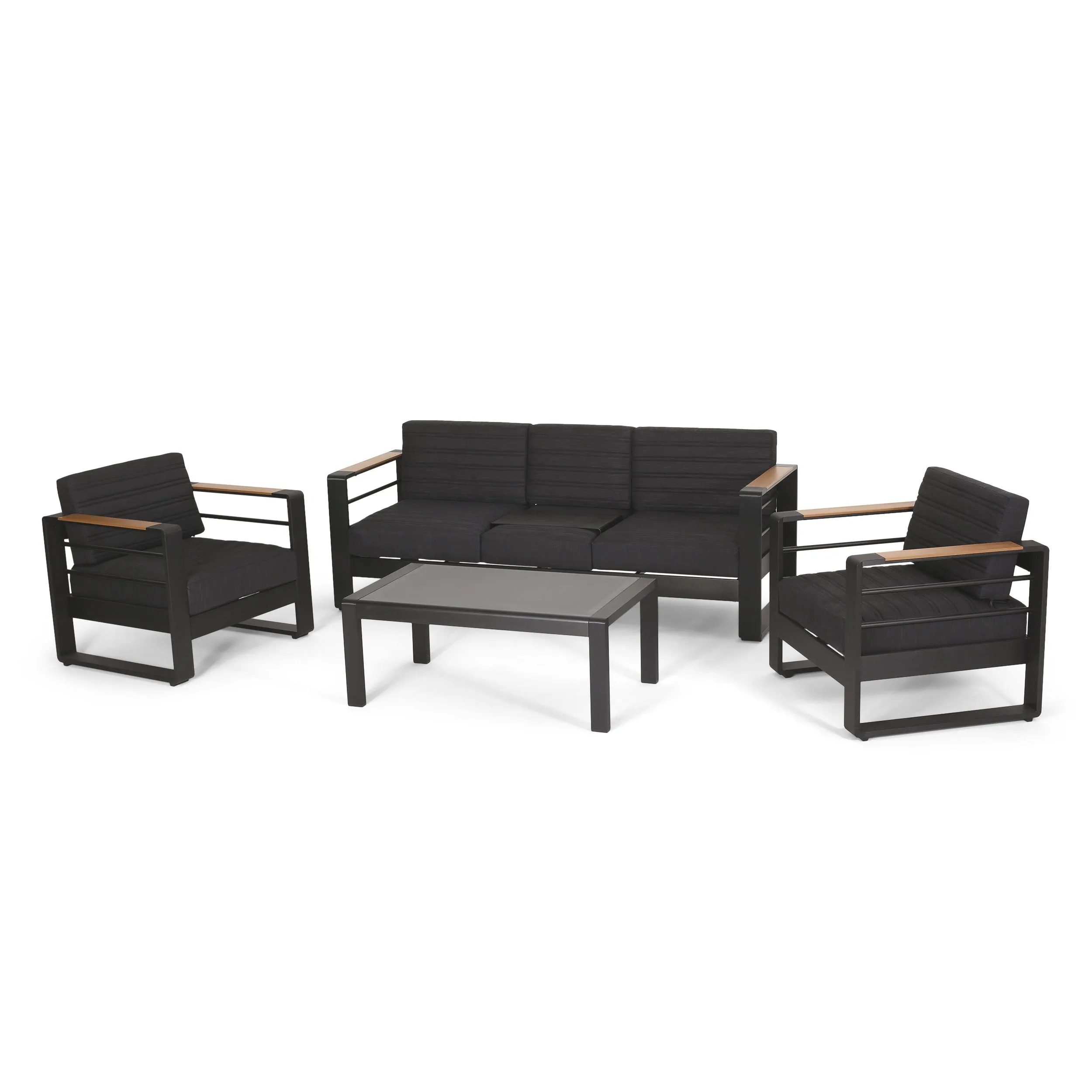 Outdoor Aluminum 5 Seater Chat Set with Water Resistant Cushions, Black, Natural, and Dark Gray - NH358413 patio chairs, outdoor seating
