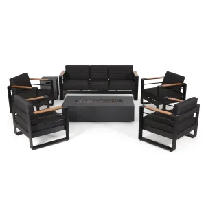 Outdoor Aluminum 7 Seater Chat Set with Fire Pit, Black, Natural, and Dark Gray - NH458413 patio chairs, outdoor seating
