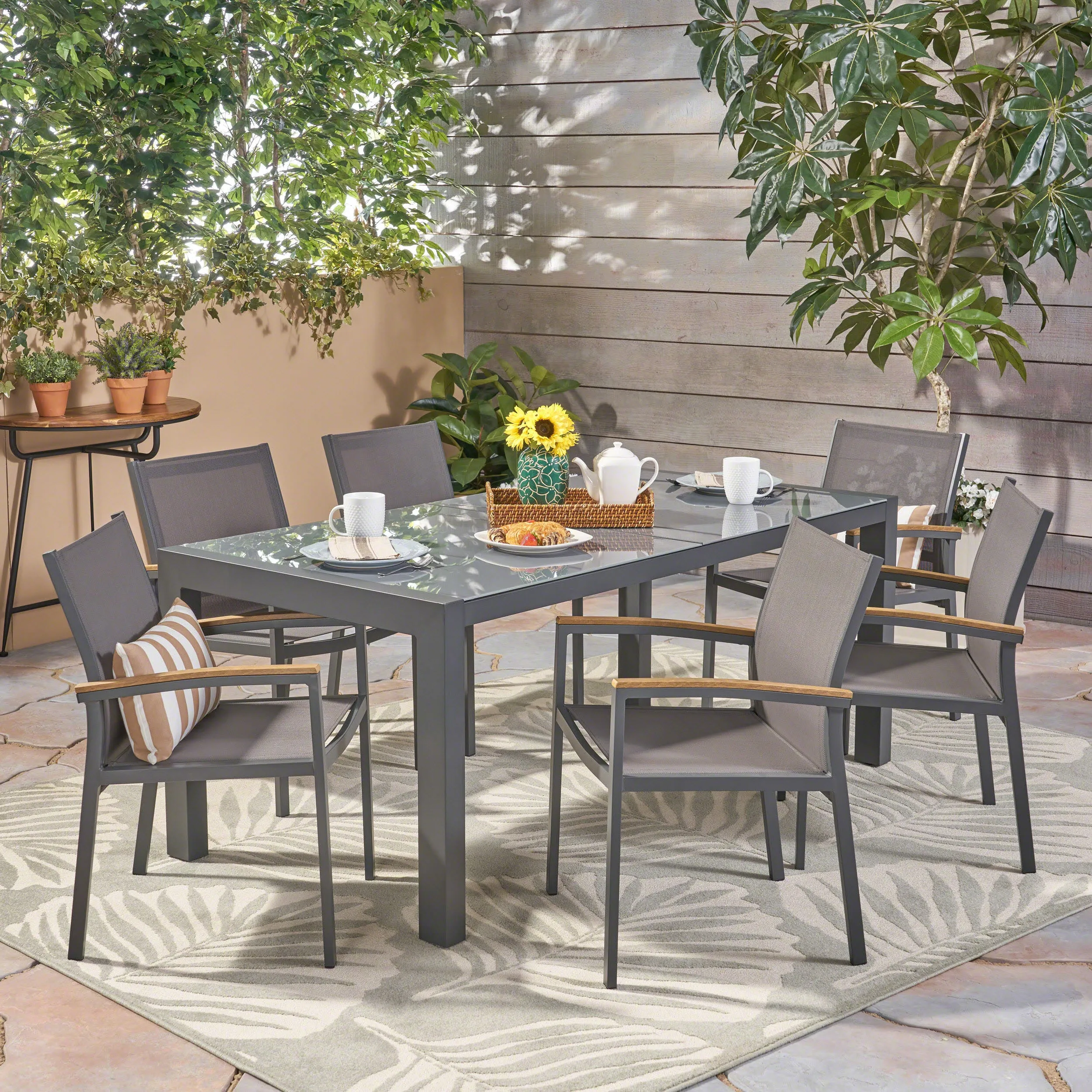 Outdoor Aluminum and Mesh 7 Piece Dining Set with Glass Table Top - NH586503 patio chairs, outdoor seating