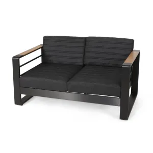 Outdoor Aluminum Loveseat with Water Resistant Cushions, Dark Gray, Natural, and Black - NH434413 patio chairs, outdoor seating