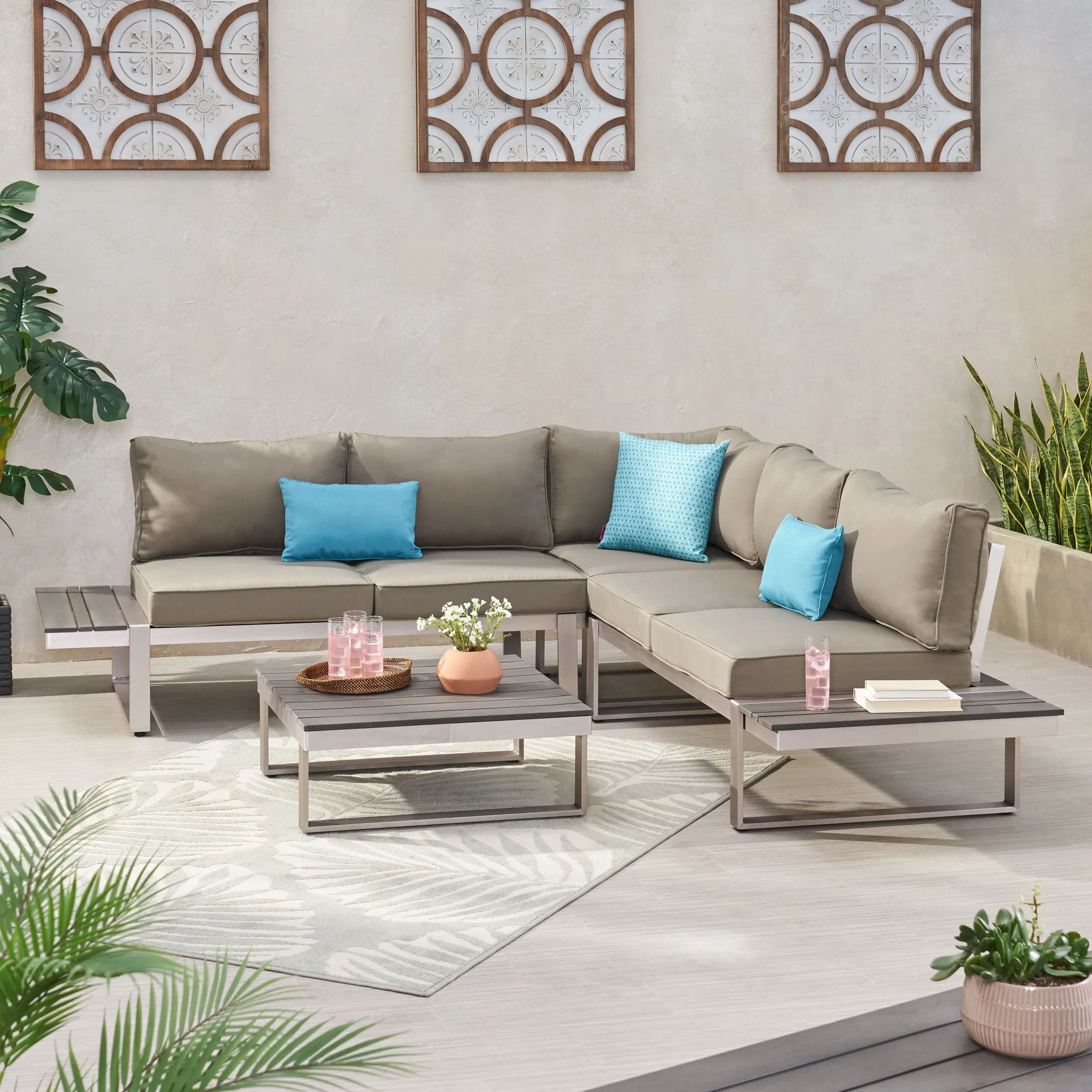 Outdoor Aluminum V-Shaped 5 Seater Sofa Set with Cushions - NH203313 patio chairs, outdoor seating