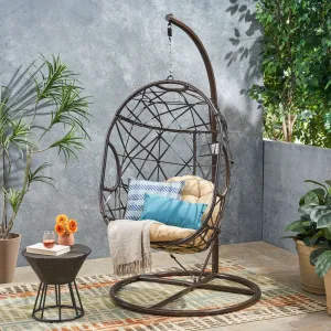 Outdoor Brown Wicker Hanging Teardrop / Egg Chair - NH669432 patio chairs, outdoor seating