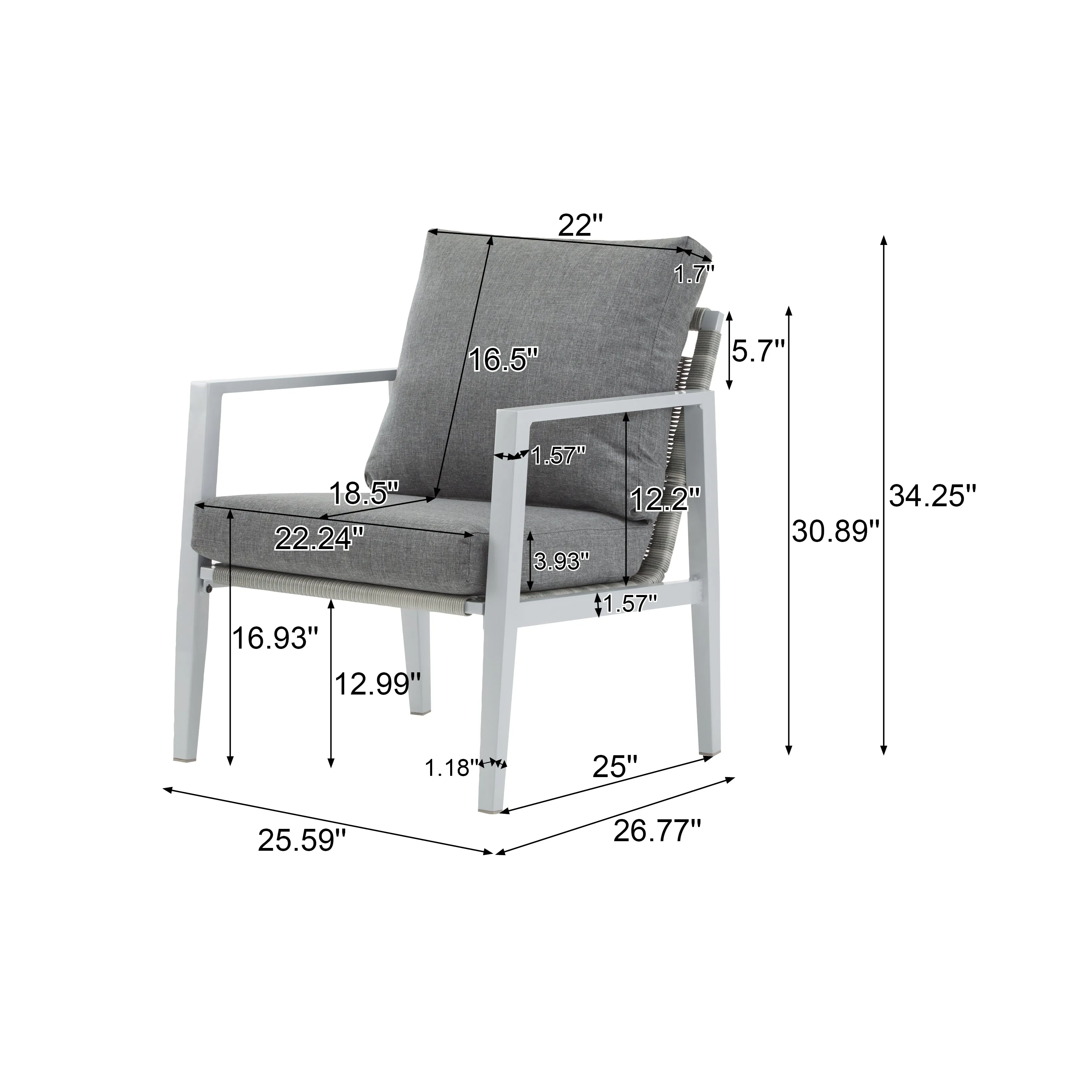 Outdoor Contemporary Gray Rope Accent Chair Club Chair, Aluminum