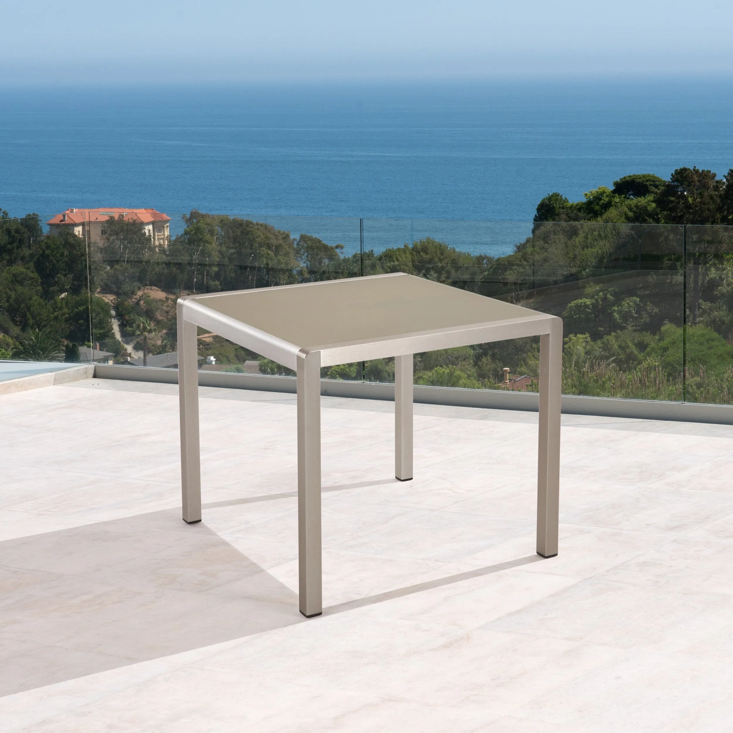 Outdoor Dining Table - Anodized Aluminum - Tempered Glass Table Top - Square - Silver and Gray - 35-inch - NH410703 patio chairs, outdoor seating