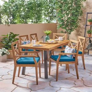 Outdoor Farmhouse Slat-Top 7 Piece Acacia Wood Dining Set with Cushions - NH877503 patio chairs, outdoor seating