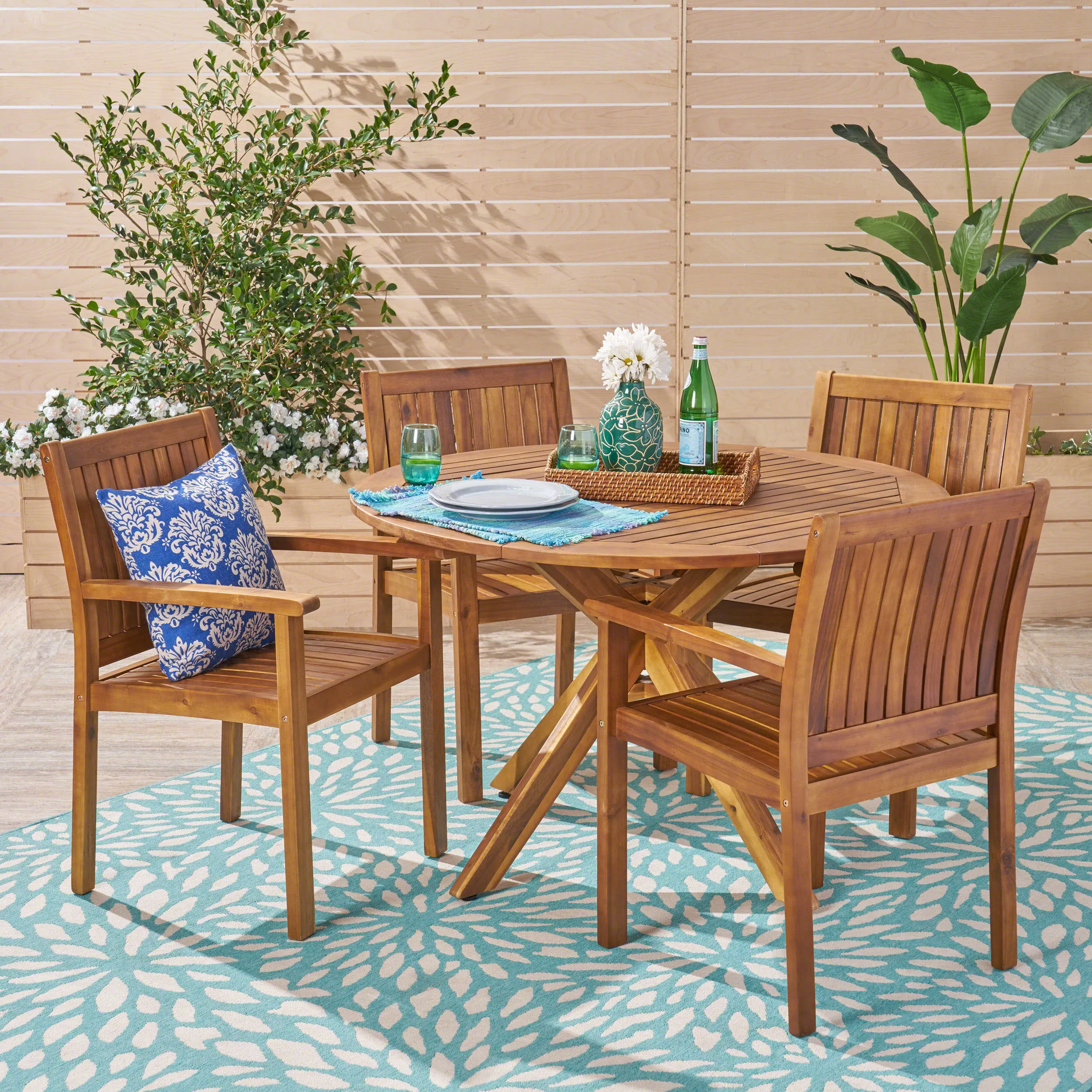 Outdoor Five Piece Acacia Dining Set, Teak Finish - NH634503 patio chairs, outdoor seating