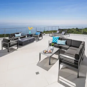 Outdoor Gray Aluminum 11 Piece Estate Patio Collection with Firepit - NH008103 patio chairs, outdoor seating