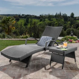 Outdoor Gray Wicker Armed Chaise Lounge with Wicker Accent Table - NH391103 patio chairs, outdoor seating