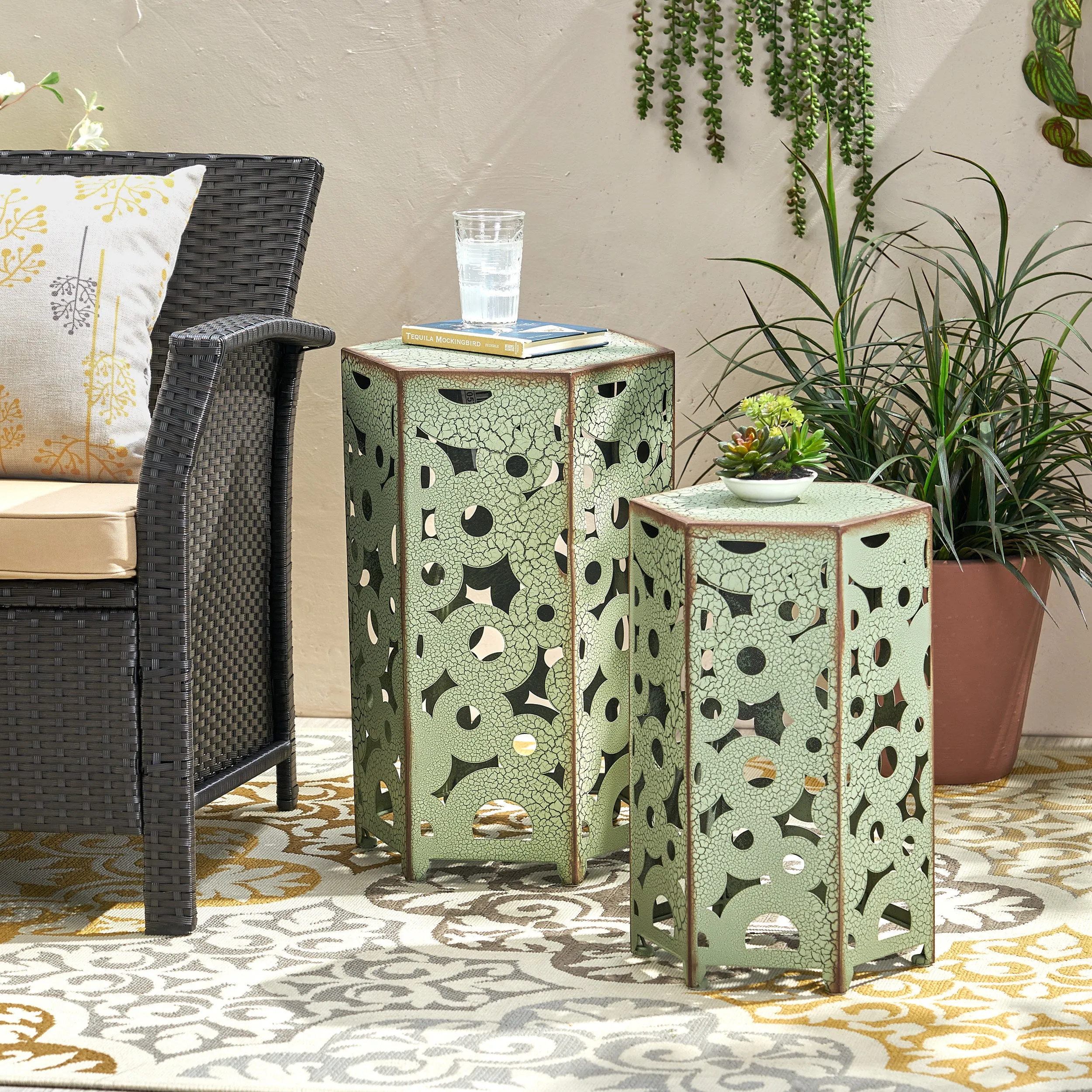 Outdoor Hexagonal Antique Orange Iron Accent Tables (Set of 2) - NH776692 patio chairs, outdoor seating
