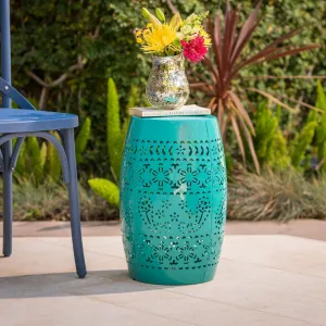 Outdoor Modern 12-Inch Floral Cut Metal Barrel Side Table - NH365103 patio chairs, outdoor seating