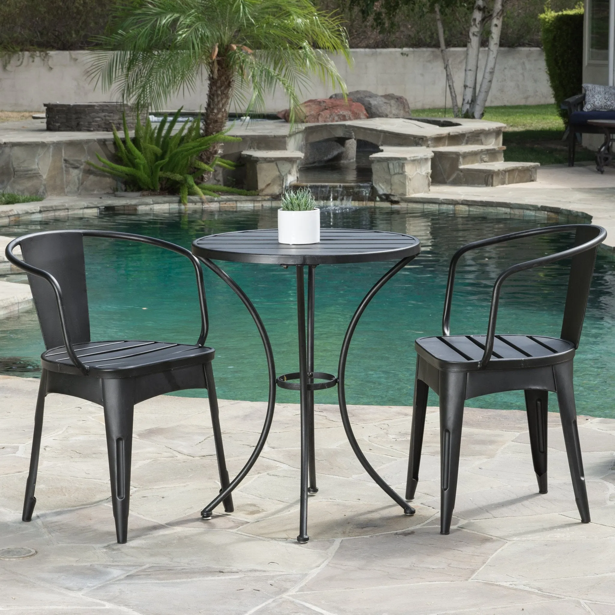 Outdoor Modern 3-Piece Metal Bistro Set with Slats - NH619592 patio chairs, outdoor seating